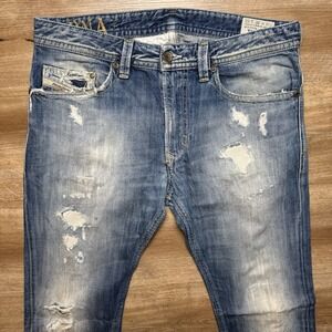 Diesel Jeans Men 33x32 Blue Thavar Slim Skinny Thrashed Faded Out Denim 008QL